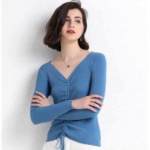 New Style Autumn Winter V-neck Pullover Womens Knit Sweater Bottoming Shirt Lace-up Drawstring Slim-Fit Waist Hugging Sexy Top