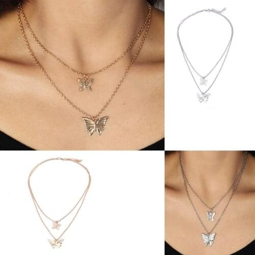 Elegant Silver Plated Multi-Layer Link Chain Butterfly Charm Pendant Clavicle Choker Necklace for Women Statement Jewelry