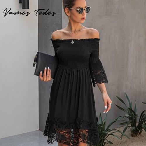 Vamos Todos 2021 Off The Shoulder Dresses Women Solid Black Smocking Lace Party Bodycon Dress Backless Elegant Vestido Feminino