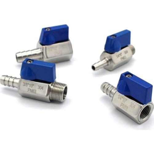 1/8" 1/4" 3/8" 1/2" BSP Male Female 7 8 10 12mm Hose Barb Mini Sanitary Ball Valve Homebrew SUS 304 Stainless Steel Blue Hanlde