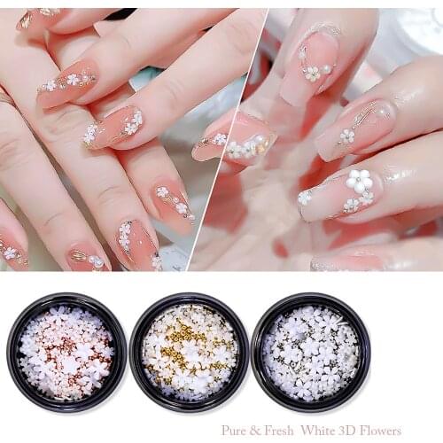 3-6mm Lovely&Sweety Flowers Pure Decals White 5petals (Silver,Gold,Rose Mirco) Resin Summer Fresh 3D Nail Art Decorations MIx25