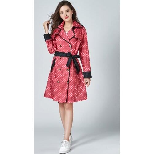 Fashion long raincoat women Red Dots Bowknot Belt Stylish Rain Poncho Waterproof rain cover with Hood
