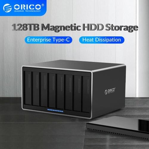 ORICO NS Series 3.5'' 8 Bay Type-C HDD Enclosure SATA to USB 3.1 HDD Docking Station Support 128TB 5Gbps UASP HDD Case