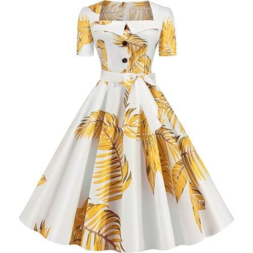 European Style Summer Women Vintage Fashion Print A-line Office Lady Party Dress Elegant Sexy Square Collar Knee-length Dress
