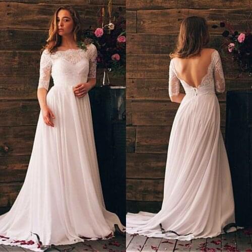 Fantastic Lace & Chiffon Bateau Neckline Floor-length A-line Wedding Dresses Sexy Backless with Sleeve Bridal Lace Dress