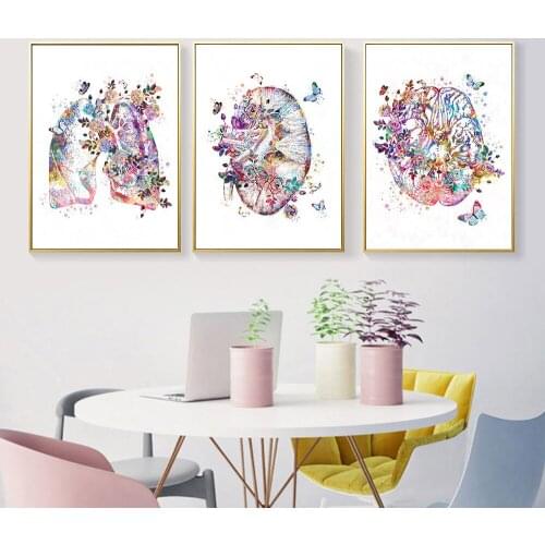 Human Heart Print Organ Anatomy Canvas Painting Medicine Anatomical Poster Vintage Print Water color Flower Pictures Clinic Deco