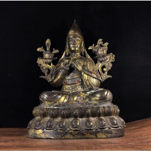 11"Chinese temple collection Old Bronze Cinnabar Lacquer Tsongkhapa Lotus Terrace Sitting Buddha Ornaments Town House Exorcism