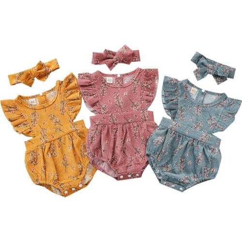 0-24M Summer Newborn Baby Girls Romper Ruffles Fly Sleeve Floral Print Princess Cotton Corduroy Romper Jumpsuits Headband Outfit