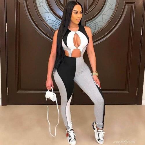 Sexy Hollow Out Fitness Jumpsuit Women Rompers Patchwork Elastic Activewear Sporty Streetwear Skinny Romper One Piece Outfits