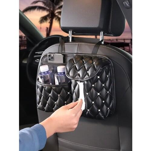 Leather Car Seat Back Hanging Storage Bag Rhinestones Paper Towel Tissue Holder Water Cup Organizer Car Interior Decoration