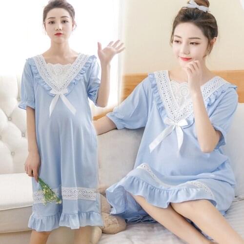 Beautiful Pregnant Woman In Nightdress Postpartum Dress Confinement Pajamas Cotton Short-Sleeved Summer Lace Premama Clothes