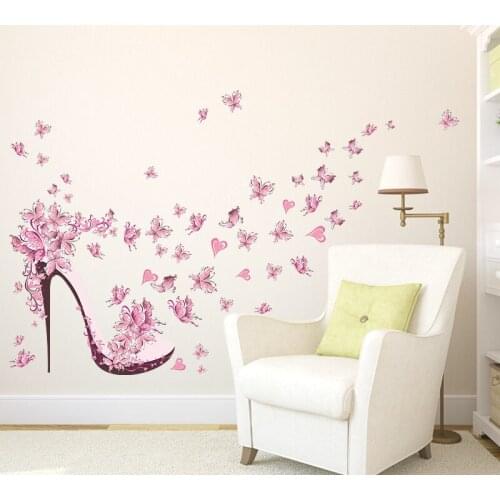 Creative high-heeled shoes flying butterflies flowers wall art decals for living room diy pvc removeable decor stickers