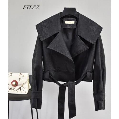FTLZZ Autumn Women Pu Leather Jackets Short Coat Turndown Collar Belt Lace-up Motorcycle Black Punk Red Overcoat Female Outwear