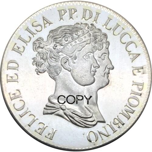 Italian states Republic of Lucca 5 Franchi Felix and Elisa 1808 Brass Silver Plated Copy Coins