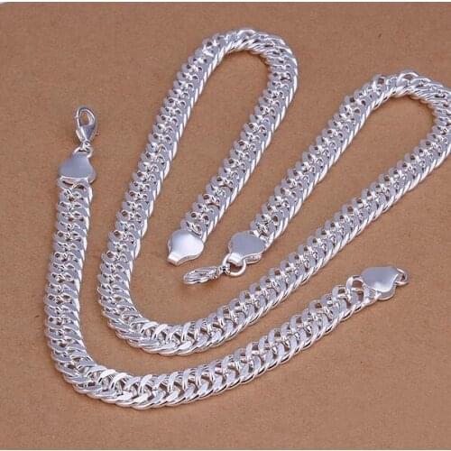 Hot Sale Fashion Jewelry Set 925 Stamp silver plated jewelry 10mm men necklace and bracelet 2 pieces Set joyas de Prata S208