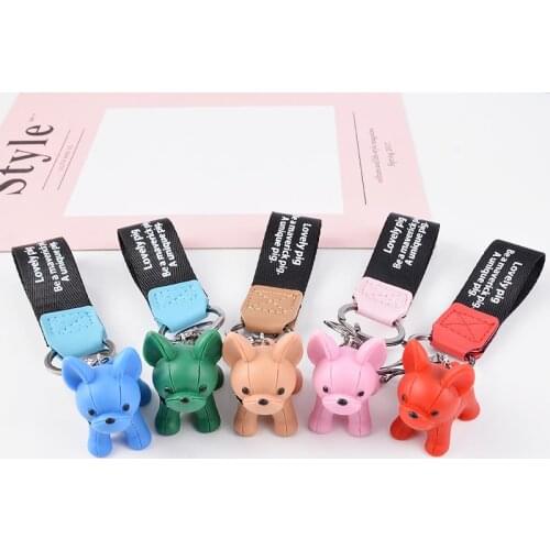 Fashion French Bulldog Keychain PU Lovely Dog Keychains for Women Bag Pendant Jewelry Trinket Mens Car Key Ring Gifts