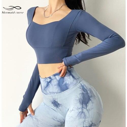 Autumn New Womens Yoga Shirts With Chest Pad Sexy Square Collar Tight Quick-Drying Running T-shirt Long Sleeve Sports Crop Top
