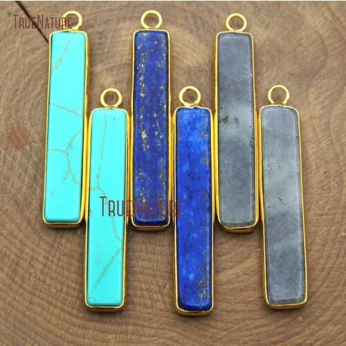 Wholesale Lapis Stone Single Bail Gold Pendants Turquoises Bar Charm Labradorite Rectangle Jewelry Accessory In 40*7 mm PM10110