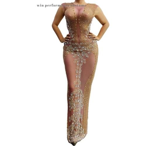See Through Rhinestones Transparent Dress Birthday Anniversary Prom Party Celebrate Mesh Sleeveless Stretch Dress Stage Costume