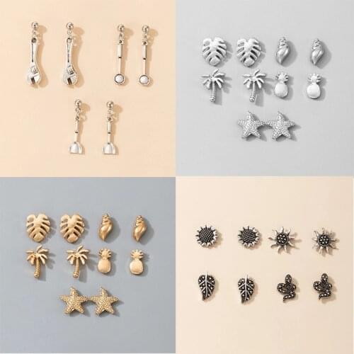 HuaTang 4 Pairs Boho Gold Color Starfish Earrings Set for Women Small Pineapple Coconut Trees Stud Earrings Girls Party Jewelry