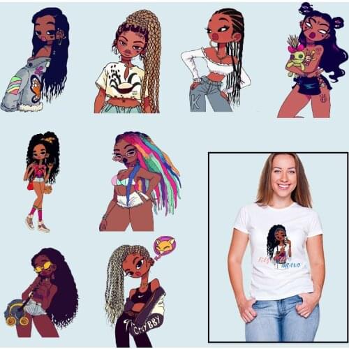 Dreadlocks Girls Black women Heat-sensitive patches Heat Transfer PVC Patch Patches for Clothing DIY T-shirt Applique on Clothes