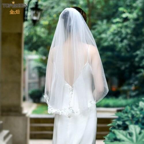 TOPQUEEN V104 Short Bridal Veils Shimmer Veil Tulle for Bride Wedding Veil with Lace Edge Embroidered Veil Gothic Veil