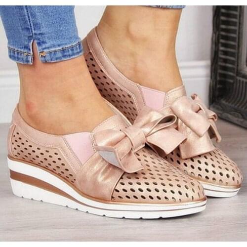 Women Summer Pumps Chunky Mid Med Heels Wedges Shoes Woman Pointed Toe Slip on Bowties Cut Out PU Mujer Sapato Feminino D9-58