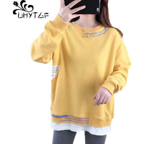 UHYTGF Fashion Fake Two-Piece Autumn Winter Sweatshirt Women Mid-Length Hoodies Loose Plus Size Jacket Elegant Student Coat 1264