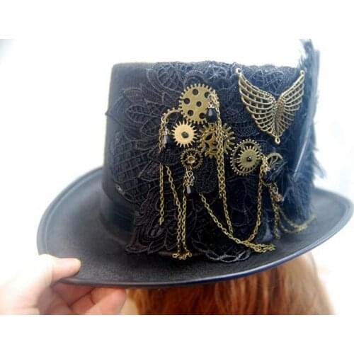 Handmade Steampunk Retro Vintage Top Hat Gothic Wool Hats With feather Gears Lace Wings Chain Party Accessories