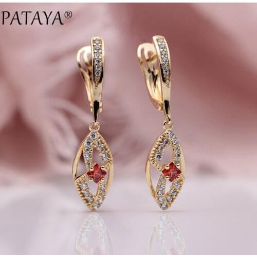PATAYA New Women Wedding Party Fine Jewelry 585 Rose Gold Micro-wax Inlay Pomegranate Red Natural Zircon Long Dangle Earrings