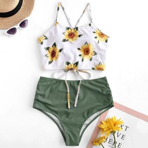 2 Piece Sexy Bikinis for Women Printing Sleeveless Summer Casual Tummy Control High Waist Bottom Beachwear Biquini Feminino