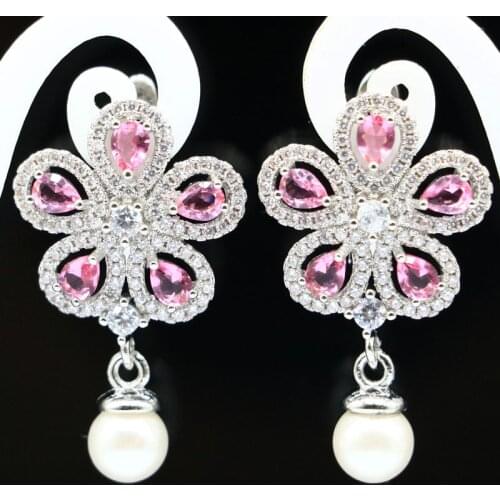 30x23mm Deluxe Created Pink Tourmaline White Pearl CZ Ladies Wedding Silver Earrings