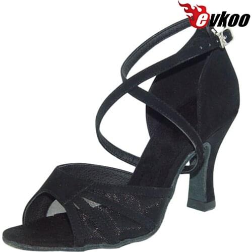 Evkoodance Black Latin Shoes For Woman Size US 4-12 Nubuck With Mesh Dance Shoes 7cm Heel 2017 Hot Sale Evkoo-093