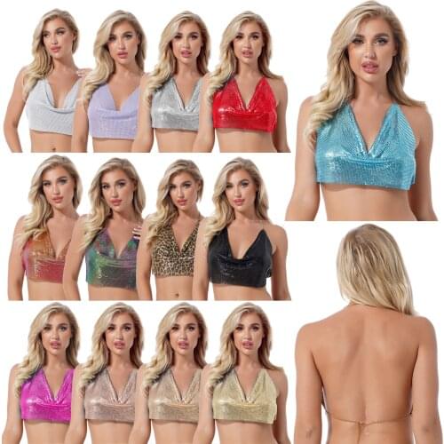 Summer Fashion Vest Women Sexy Glitter Shiny Metal Tank Top Halter Chain Backless Cowl Neck Sexy Crop Tops for Party Night Club