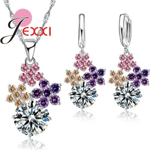 Colorful Flowers Charm Design Luxury Design 925 Sterling Silver Jewelry Necklaces Earrings Set Women Fine Gift Cute Girl