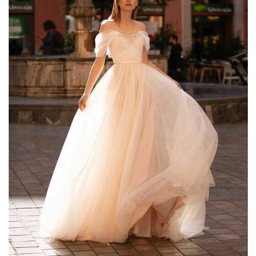 Elegant Long Off Shoulder Tulle Wedding Dresses Ivory Lace Up Back A-Line Robes De Mariée Bridal Gown For Women
