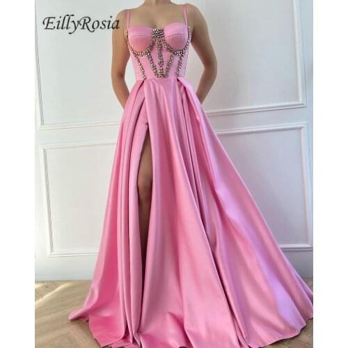 Fuchsia Pink Long Prom Dresses A Line Spaghetti Straps Diamond Crystals High Split Sexy Girls Pageant Evening Gowns Floor Length