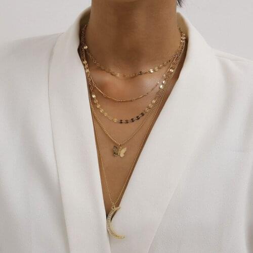 Bohemian Multilayer Butterfly Rhinestone Moon Pendant Necklace for Women Long Chain Sequin Choker Necklace Statement Jewelry