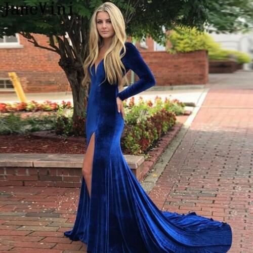 JaneVini Velvet High Slit Evening Party Dresses Long Sleeve Women Black Mermaid Royal Blue Prom Dresses Black Girls V Neck Gowns