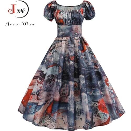 Women Vintage Floral Printed Summer Puff Sleeve Elegant A-line Midi Party Dress Robe 2021 Chic Rockabilly Pinup Vestidos