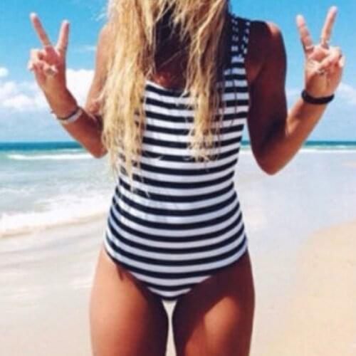 2019 Sexy Female Swimwear Retro Push Up Black Striped Swimsuit One Piece Stretch Leotard Bathing Suit Women
