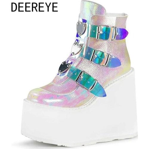 2021 Winter Gothic Style Pu Ankle Boots Womens Rubber Platform Punk Lolita Cosplay Booties Zipper Buckles Wedge High Heel Shoes