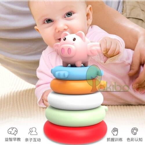 5/7 Layers Rainbow Stacking Ring Tower Stacking Stapelring Blocks Wood Plastic Cartoon Pig Multicolor Ring Toddler Baby Kids Toy