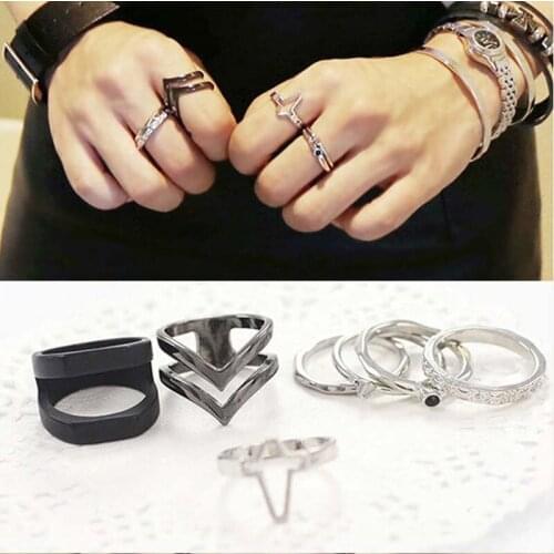 7 Pcs/Set Geometrical Patterns Punk Rock Style Cross Black Silver Plated Rings For Women Men