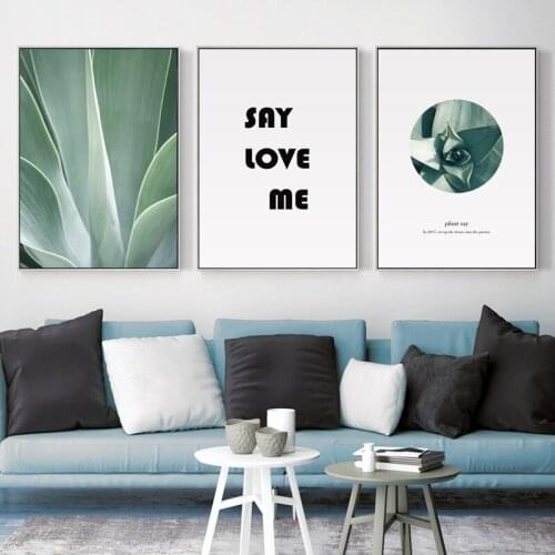 Abstract Geometric Color Block Green Plant Leaves Black White Letters Canvas Painting Wall Picture Poster Living Room Decoration