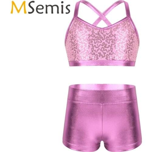 2PCS Kids Girls Ballet Tank Top with Shorts Swimsuit for Gymnastics Shoulder Straps Shiny Sequins Top Bottoms Set Tankini Outfit