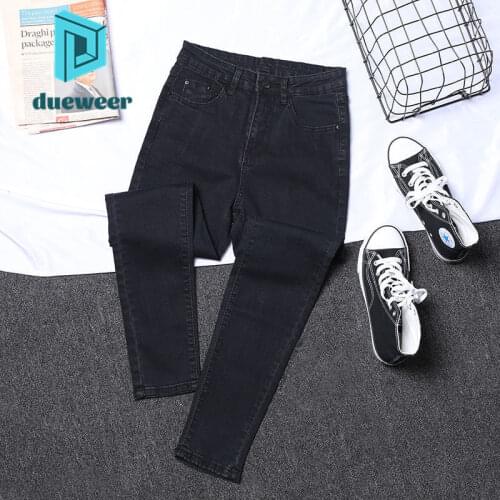 DUEWEER Women Skinny Hole Jeans Autumn Cropped Pants High Waist Stretch Ankle Tie Jeans Pencil Denim Pants Black Trousers