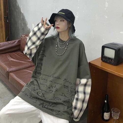 Korean Autumn Womens T Shirt Tops Long Sleeve Plaid Patchwork Tshirt Plus Size Shirts Hip Hop Oversized Streetwear Tees