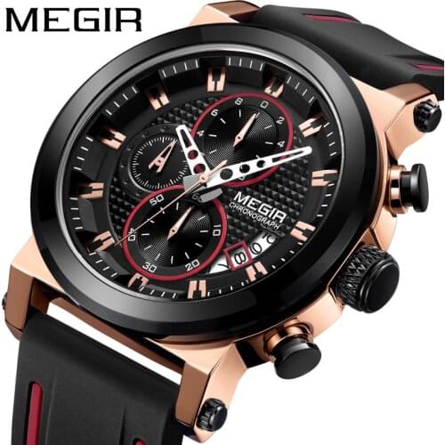 MEGIR New Silicone Waterproof Sports Casual Multifunctional Chronograph Quartz Mens Calendar Watches Simple And Luxurious 2100G