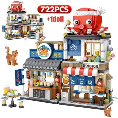Mini City Street View Japanese Food Takoyaki Shaved Ice Shop Building Blocks Educational Figures Bricks Toys For Children Gifts